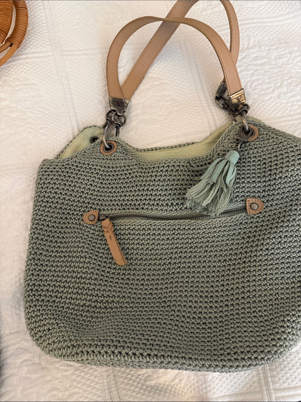 The Sak Sage Green Woven Shoulder Bag with Tan Straps